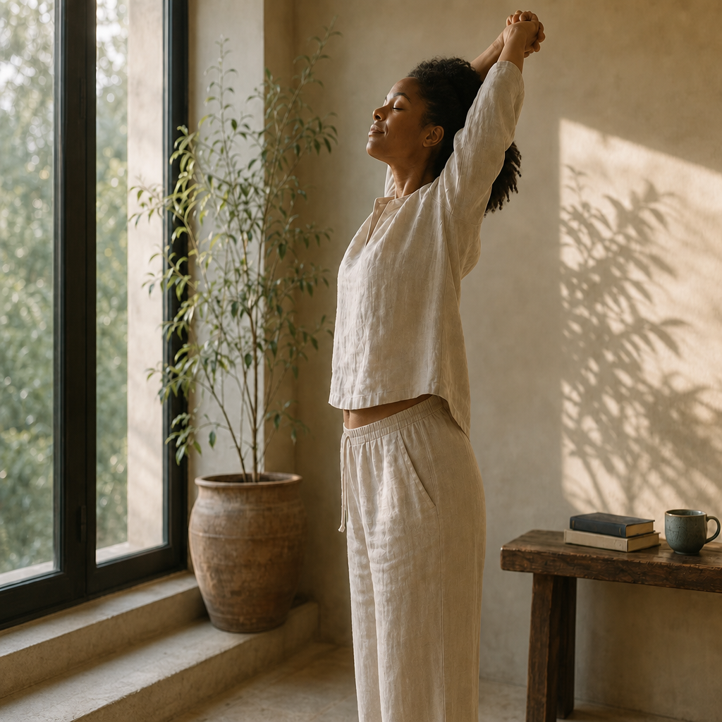 An adult in linen clothing stretching slowly beside a sunlit window